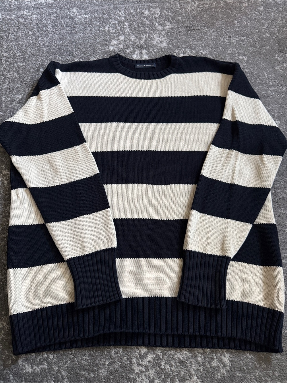 Brandy Melville Black and Cream Wide-Stripe Crewneck Oversized Sweater